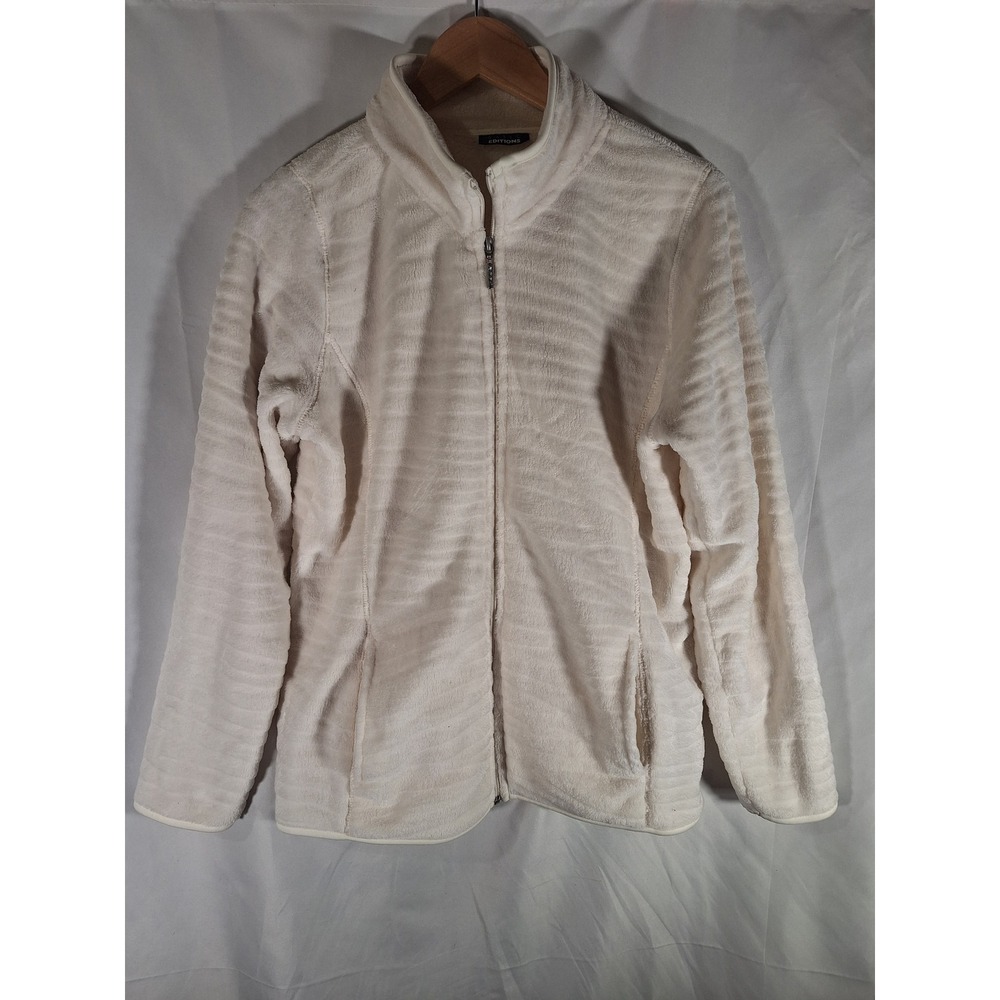 Basic Editions Women Cream Wavy Ribbed Fleece Full Zip Mock Neck Jacket Large